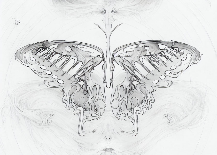 Symmetrical butterfly-inspired monochrome abstract art on white background