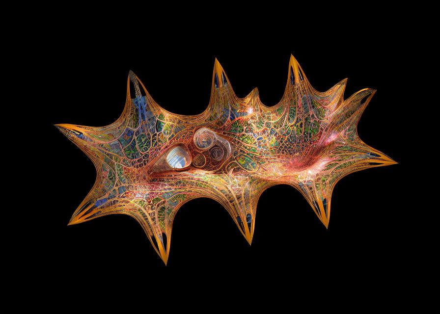 Fractal Image with Star-Like Shapes in Orange, Red, and Blue on Black Background