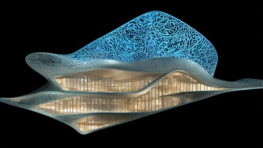 Undulating futuristic building with lattice-patterned exterior