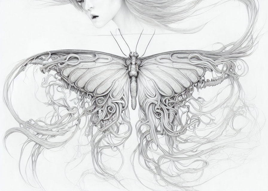 Monochrome drawing of a woman with butterfly wings in hair