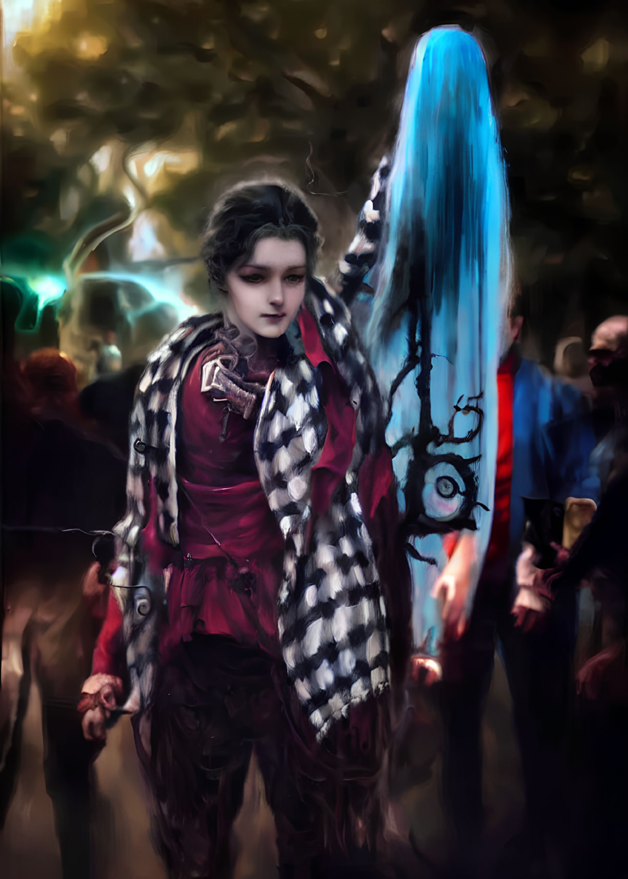 Woman in red and black costume with checkered cloak surrounded by eerie figures and bright blue spectral eye pattern