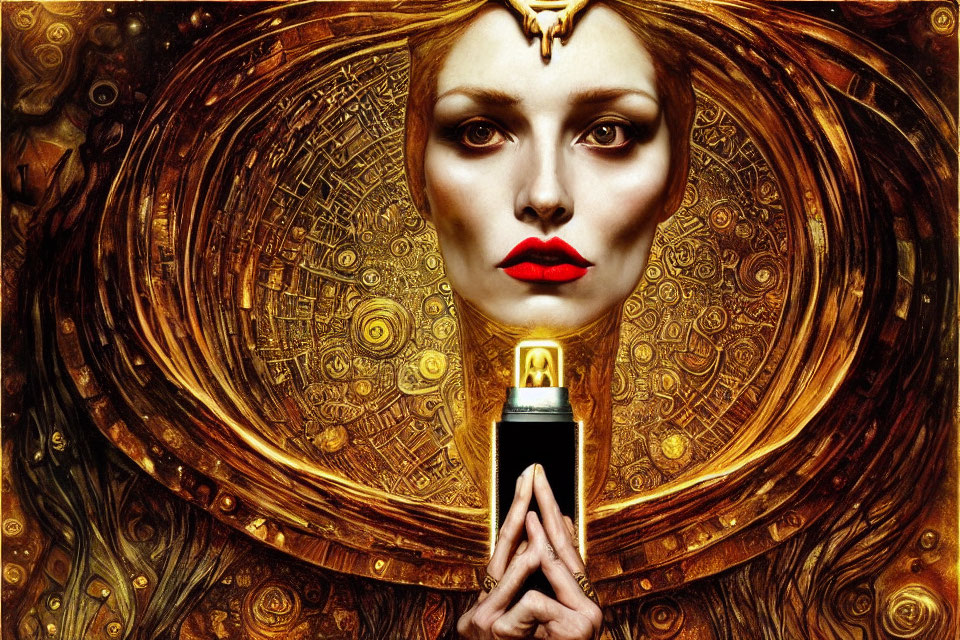 Woman with Red Lipstick Holding Perfume Bottle in Ornate Golden Headdress