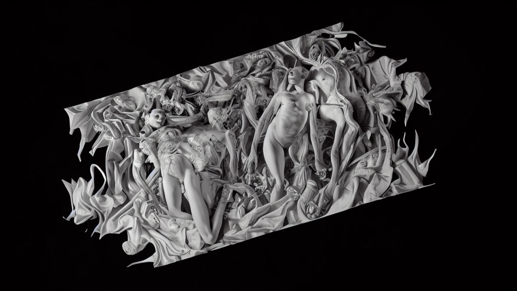 Grayscale relief sculpture of intertwined figures on black background