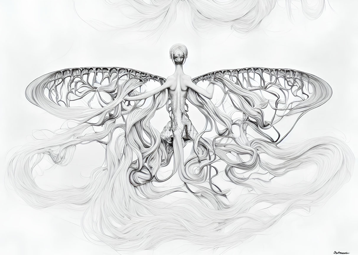 Monochromatic art of humanoid figure with intricate tree-branch wings