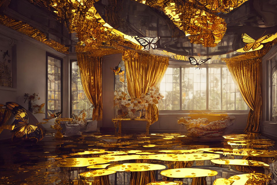 Luxurious Room with Butterfly Motifs and Golden Light