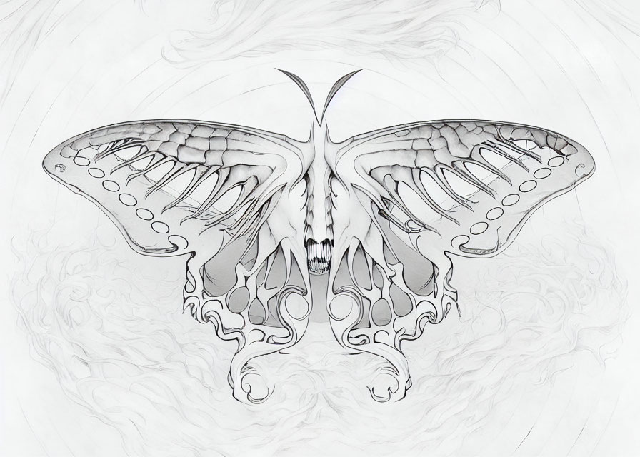 Symmetrical grayscale butterfly with intricate patterns on delicate swirl background