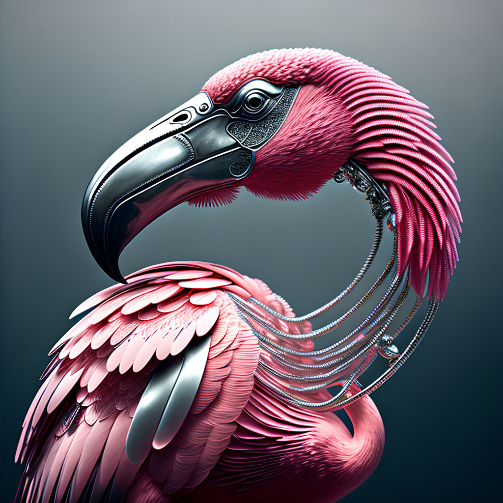 Cybernetic Flamingo Illustration: Pink Feathers, Mechanical Neck & Head