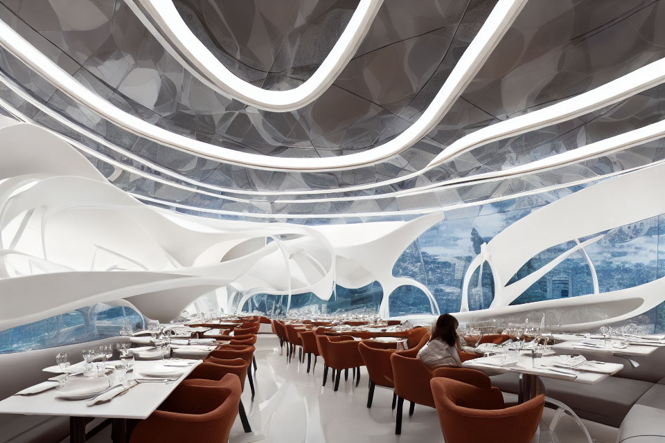 Modern white-themed restaurant with curved lines, cityscape view, and elegant decor.