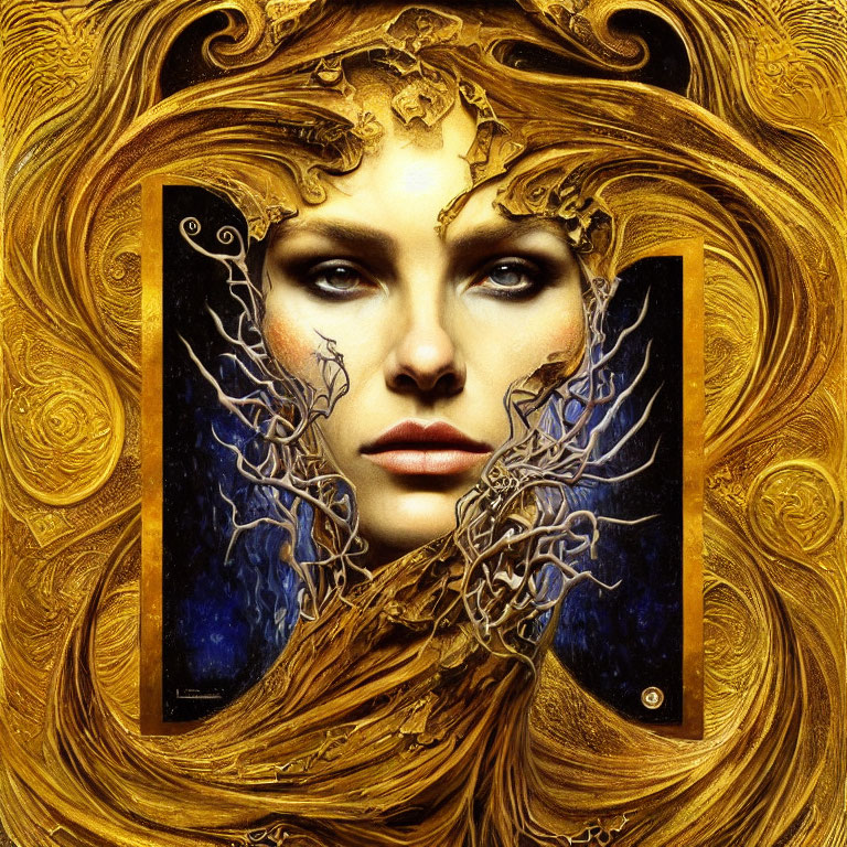 Surreal Artwork: Woman's Face with Golden Swirls on Starry Background