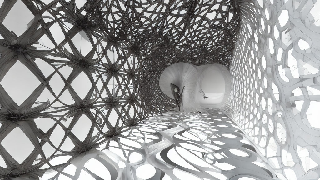 Abstract White Interior with Honeycomb Design and Webbed Patterns