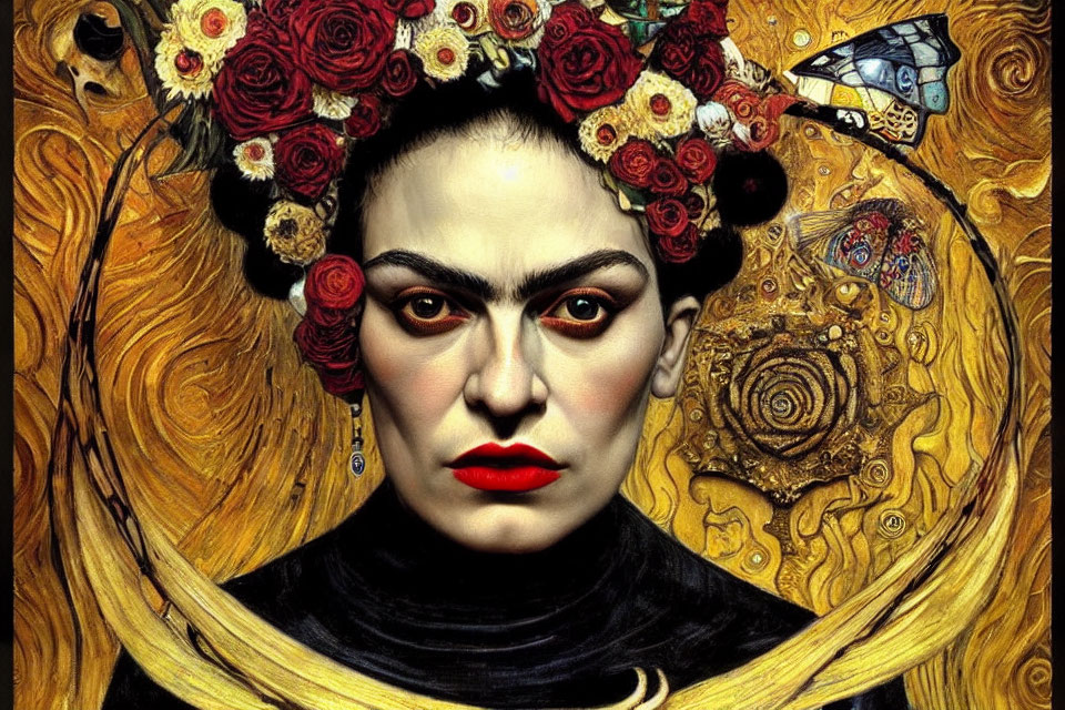 Woman with Floral Headpiece and Intense Gaze in Gold-Patterned Setting