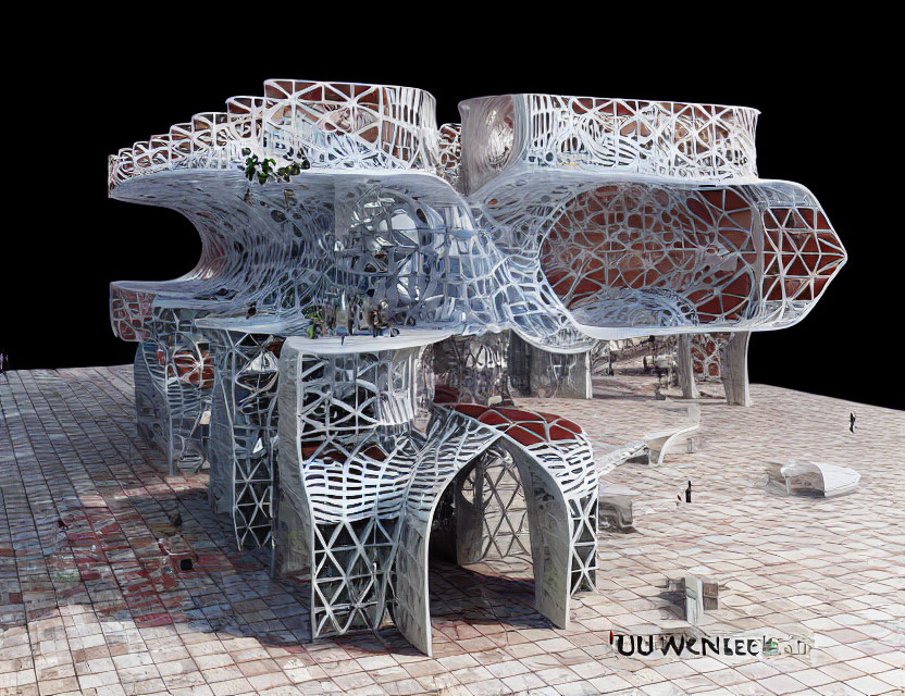 Futuristic lattice structure with arches and plant overgrowth in tiled courtyard