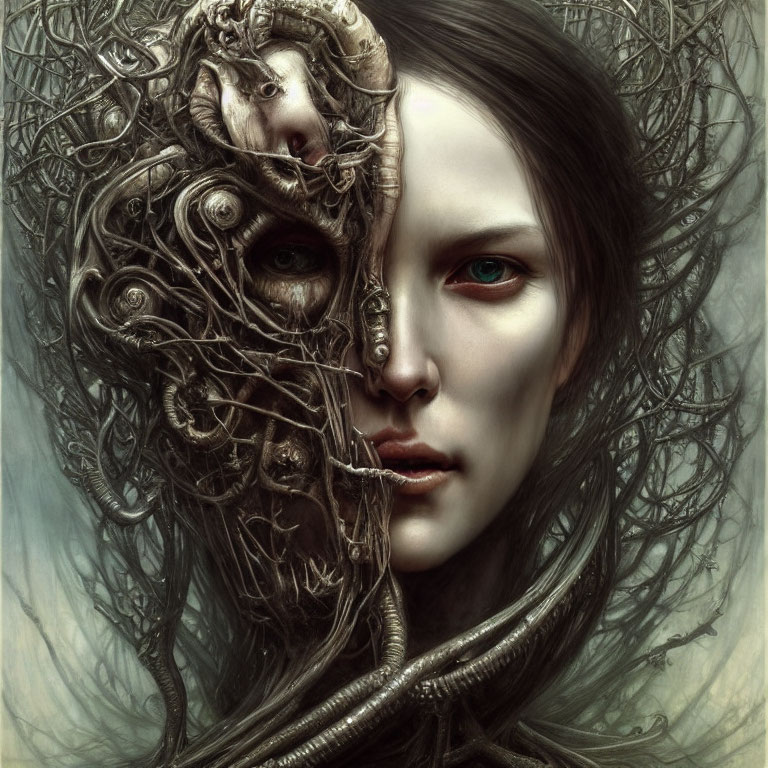 Fantasy illustration of female figure with dual human and mechanical visage