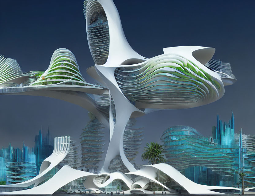 Futuristic cityscape with organic white architecture and green high-rise buildings