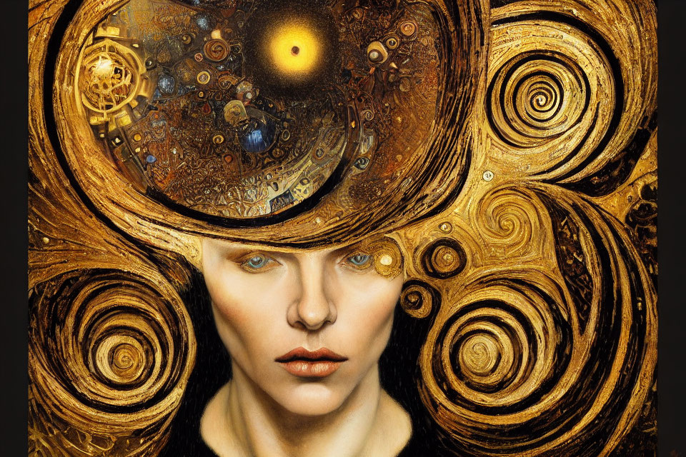 Surreal portrait with stoic expression and golden swirls.