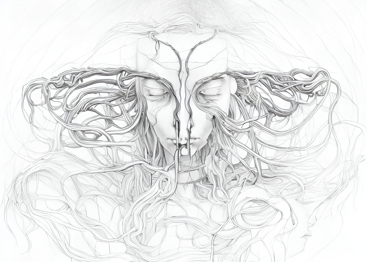 Intricate Monochrome Digital Artwork: Mirror-Image Faces with Flowing Hair