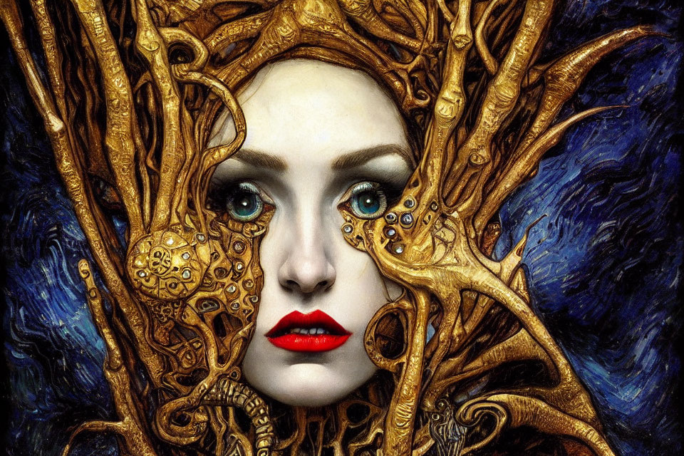 Woman with Blue Eyes and Red Lips Surrounded by Golden Swirls on Deep Blue Background