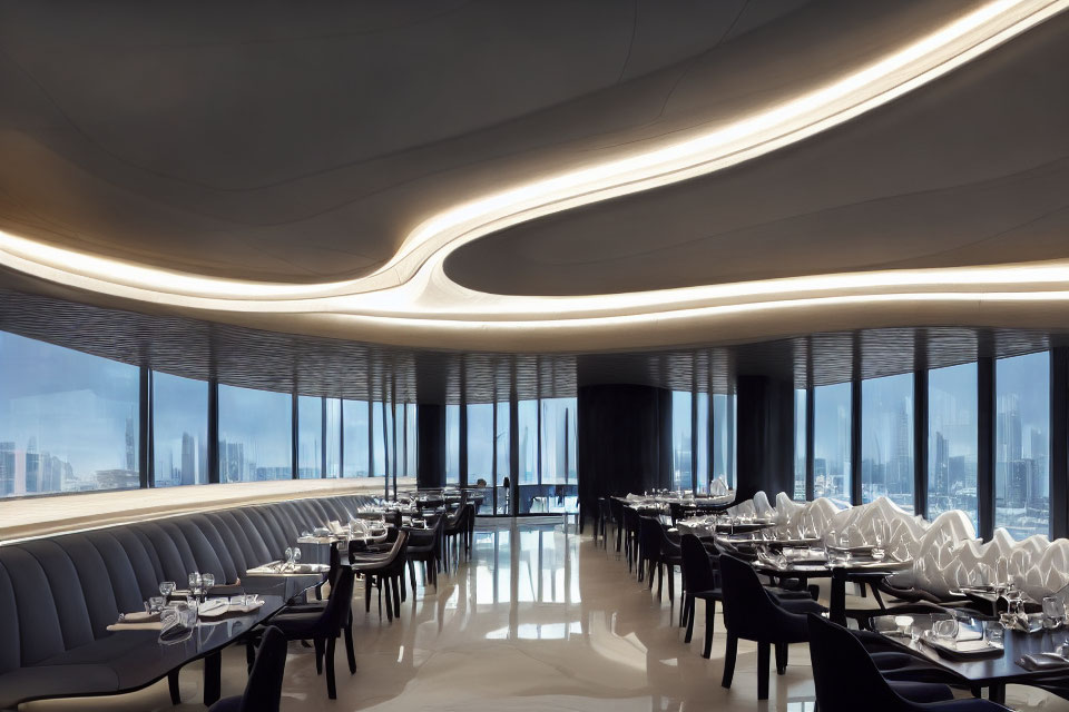 Sleek modern restaurant with panoramic city views and elegant decor