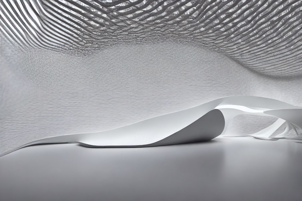 Textured Wave-Like Ceiling Pattern and Sculptural White Bench in Modern Interior