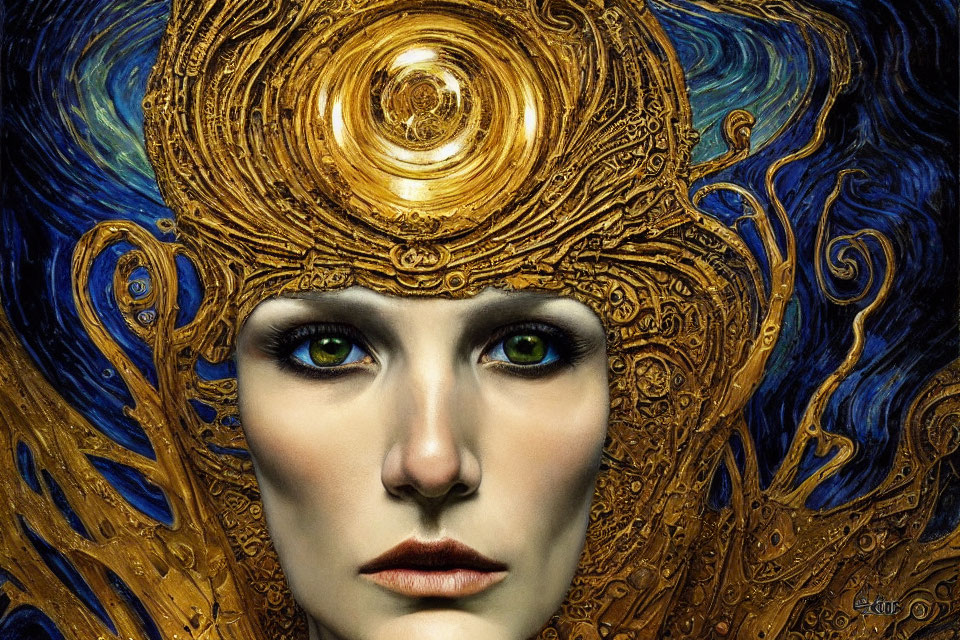 Detailed digital artwork of woman with luminous green eyes and ornate headdress in Van Gogh style