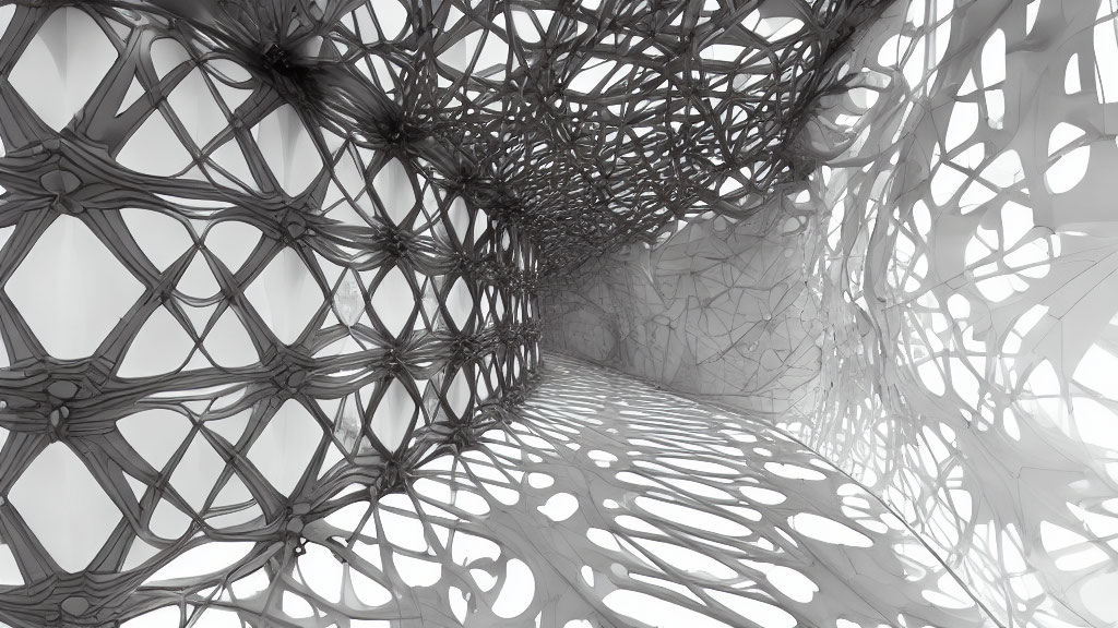 Abstract futuristic corridor with lattice walls in monochrome.