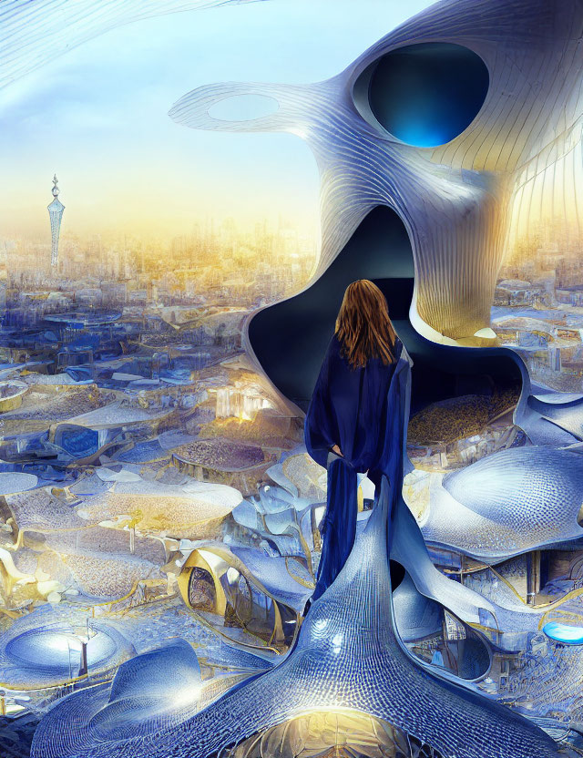 Figure in Blue Cloak on Futuristic Platform Overlooking Luminous City at Twilight