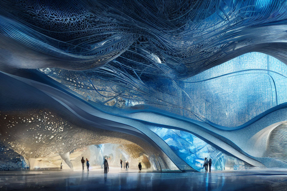 Futuristic interior with organic architecture and blue color scheme