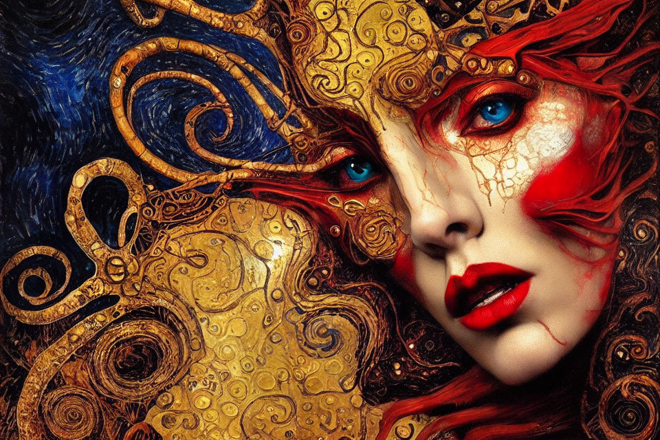 Woman with Blue Eyes and Red Lips in Gold Patterns on Blue Background