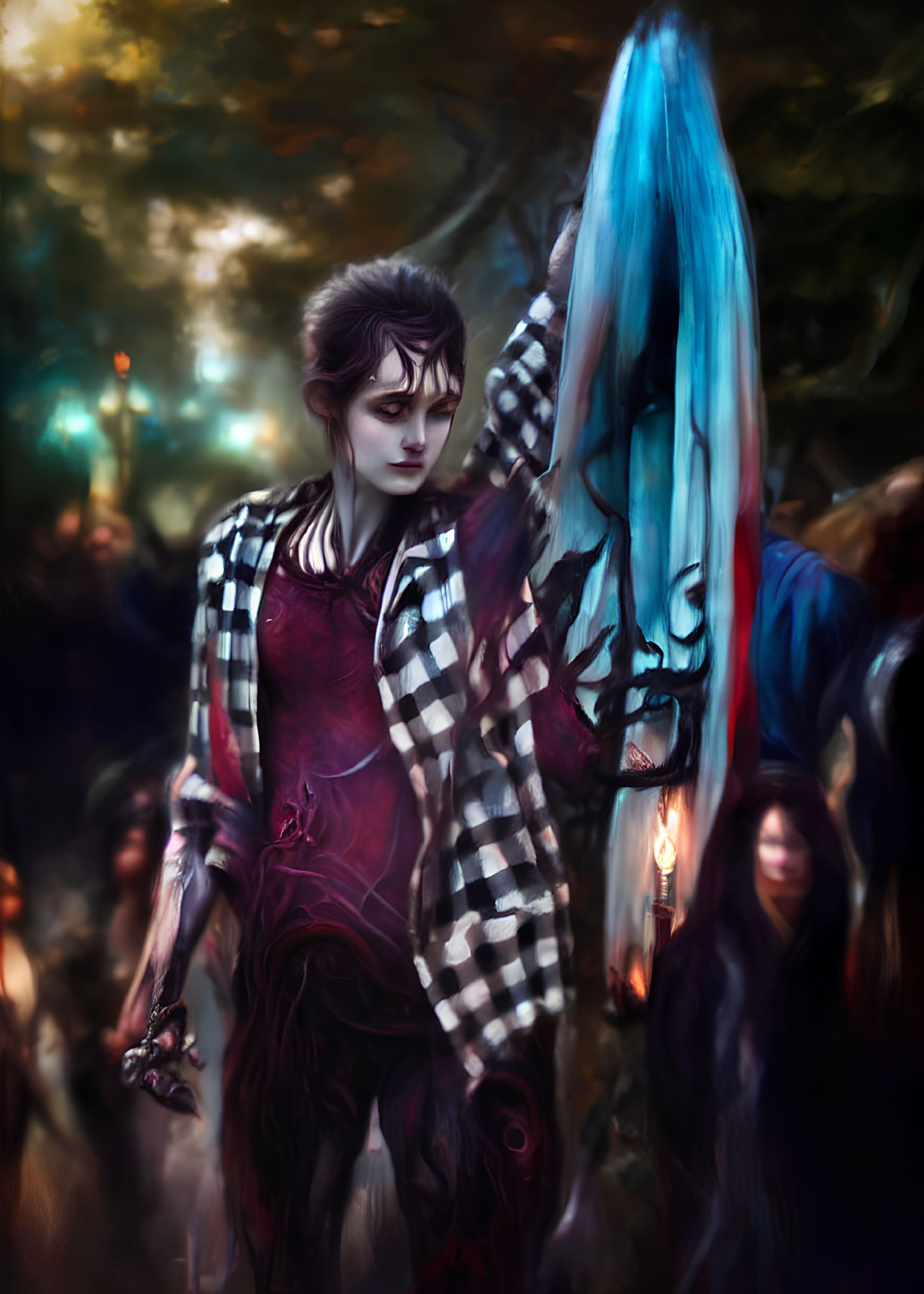 Gothic fantasy scene: Female figure in checkered attire with blue-haired creature's head, surrounded