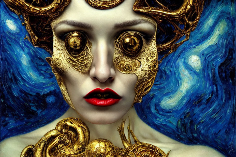 Woman with golden gear adornments against swirling blue backdrop reminiscent of "Starry Night