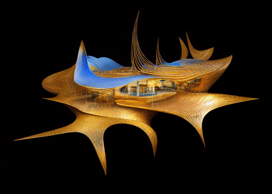 Abstract architectural structure: Golden curves and spires on black background