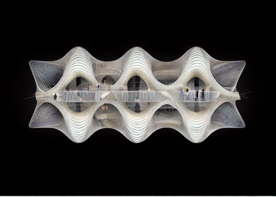 Symmetrical abstract architectural structure with arches and people on central pathway against black background