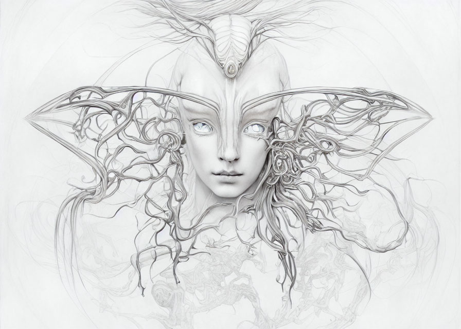 Monochromatic ethereal drawing of a fantastical being with intricate swirling designs