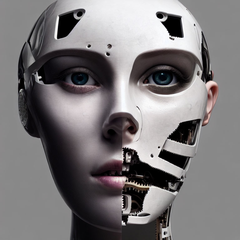 Humanoid robot's face with synthetic skin and blue eyes.