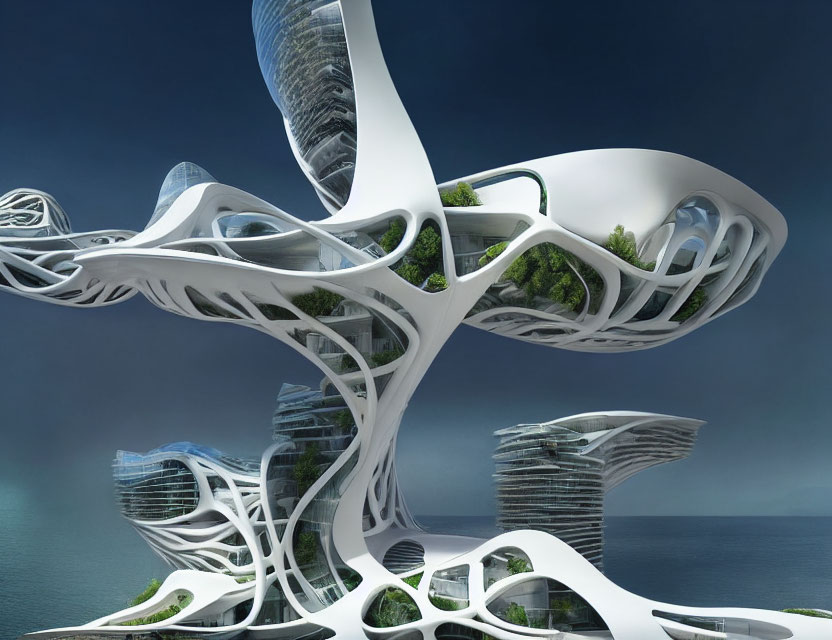 Organic futuristic architecture with intertwining greenery by water and skyscrapers