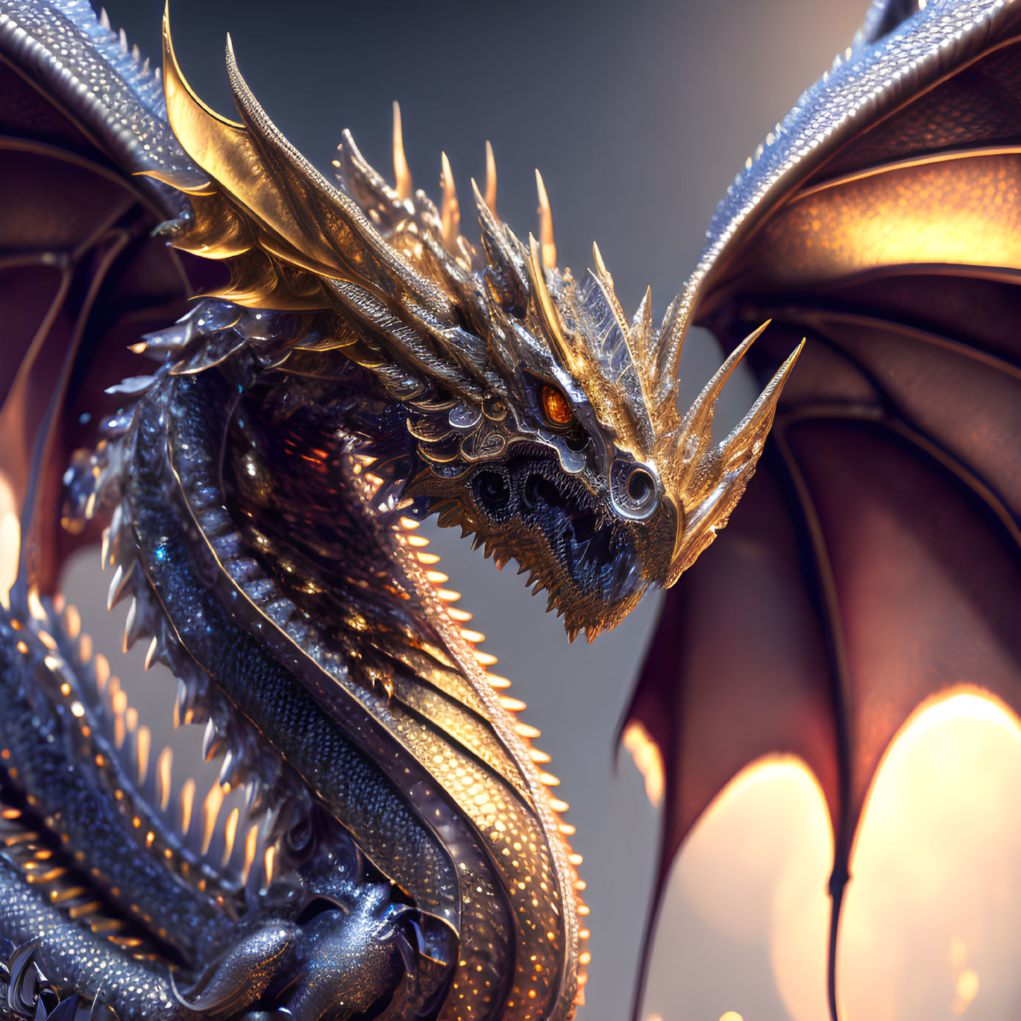 Detailed Golden Dragon with Amber Eyes and Expansive Wings