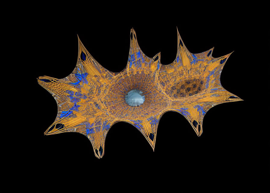 Abstract 3D rendering of star-shaped structure with web-like patterns in orange and blue