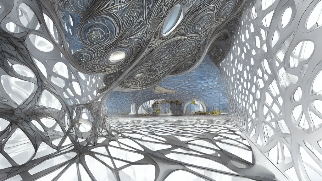 Futuristic interior with organic white structures and people under blue skylight