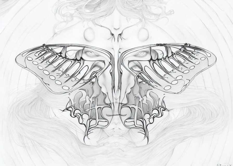 Symmetrical black and white image: Human face merges with butterfly wings