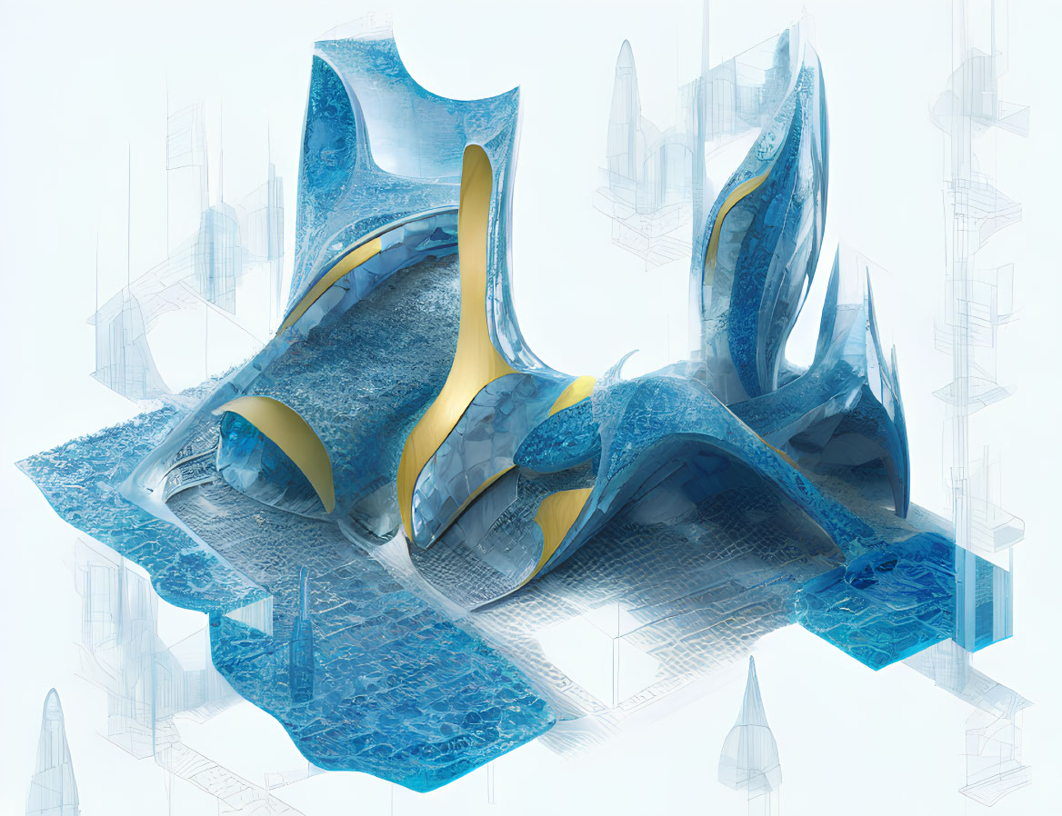 Futuristic abstract architecture with blue and yellow shapes on white background