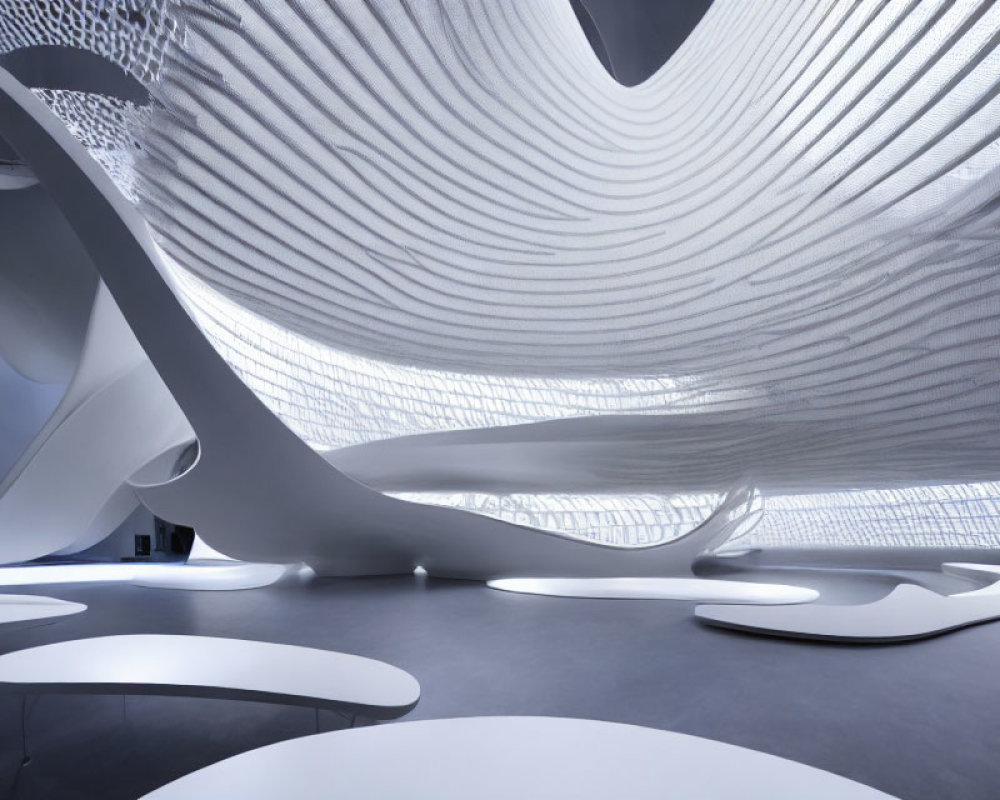 Contemporary Interior Design with White Flowing Structures and Undulating Patterns