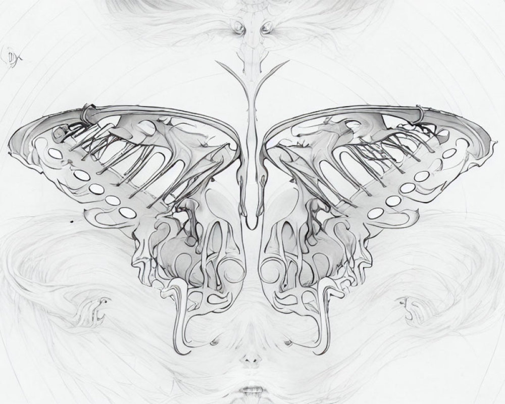 Symmetrical butterfly-inspired monochrome abstract art on white background