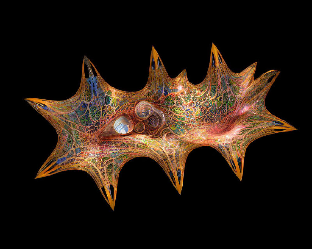 Fractal Image with Star-Like Shapes in Orange, Red, and Blue on Black Background