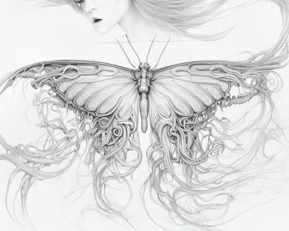 Monochrome drawing of a woman with butterfly wings in hair