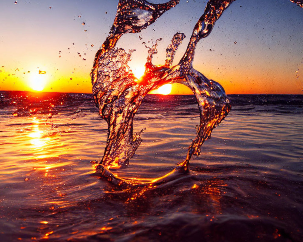 Vibrant sunset beach scene with water splash and glittering arc