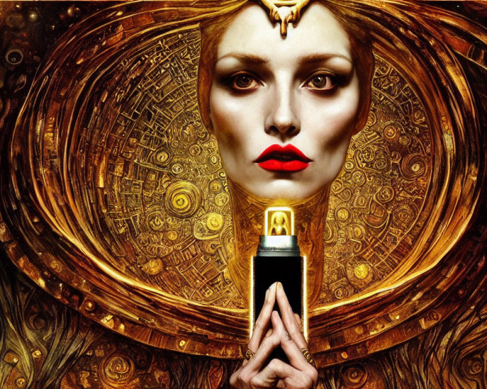 Woman with Red Lipstick Holding Perfume Bottle in Ornate Golden Headdress