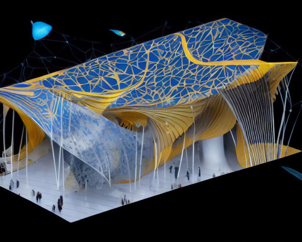 Architectural model with flowing organic design and blue-yellow patterns.