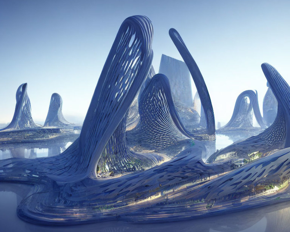 Futuristic cityscape with wave-like architecture reflected on water