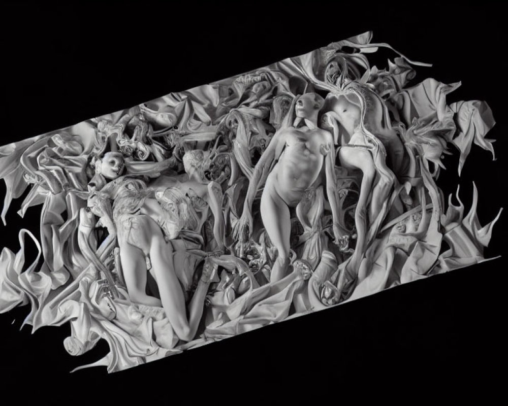 Grayscale relief sculpture of intertwined figures on black background