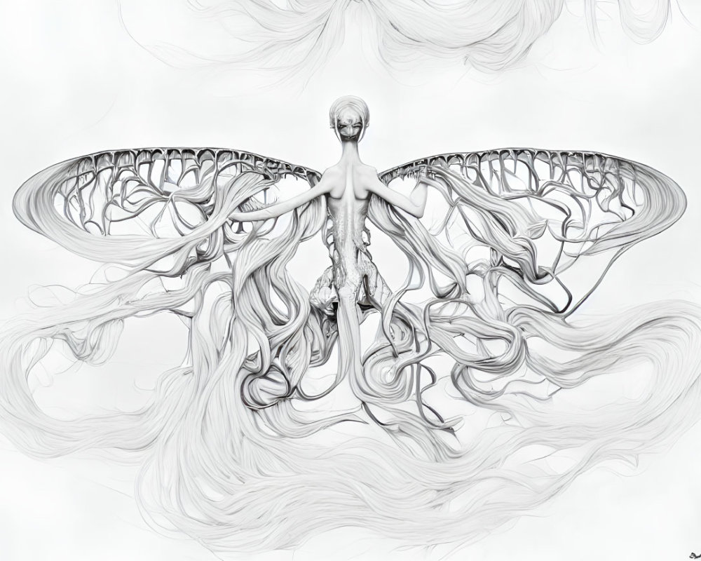 Monochromatic art of humanoid figure with intricate tree-branch wings